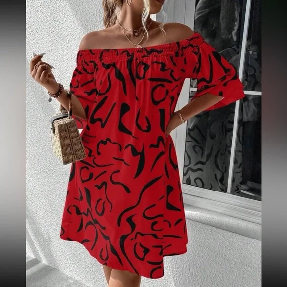 Boho plus size off shoulder flounce sleeve dress - Picture 12 of 12